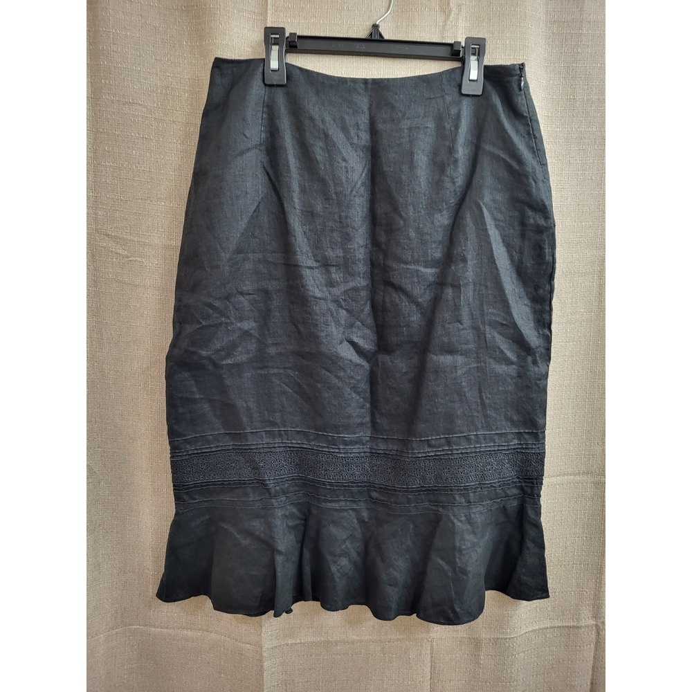 Ann Taylor LOFT Black Linen Lace Trim Flounce Hem Skirt Womens 8 Office Preppy